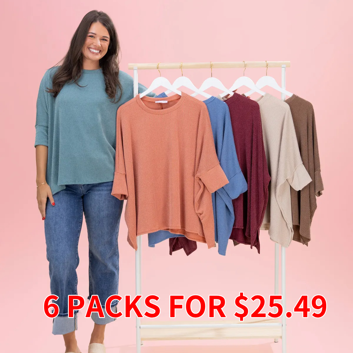 Raised Rib Easy Fit 3/4 Sleeve Top | Reg - Plus