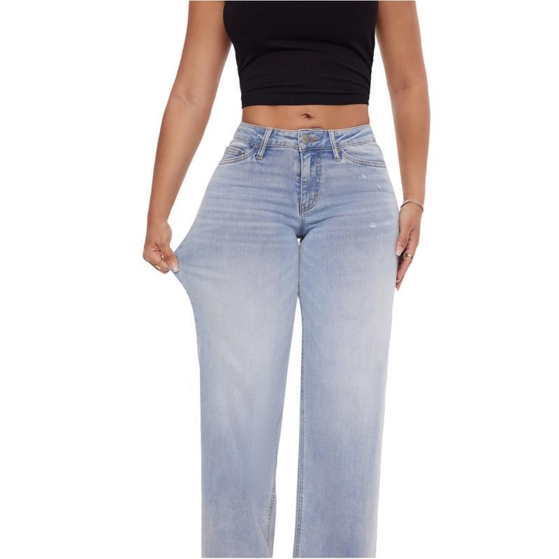 Women’s Distressed Wide Leg Baggy Jeans Mid-Low Waist Pants