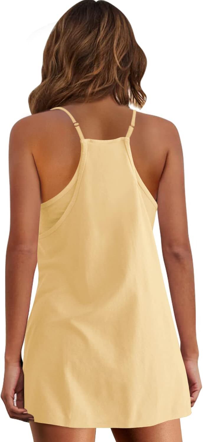 Womens Summer Sleeveless Mini Dress V Neck Spaghetti Strap Sundress Athletic Short Dress with Pockets