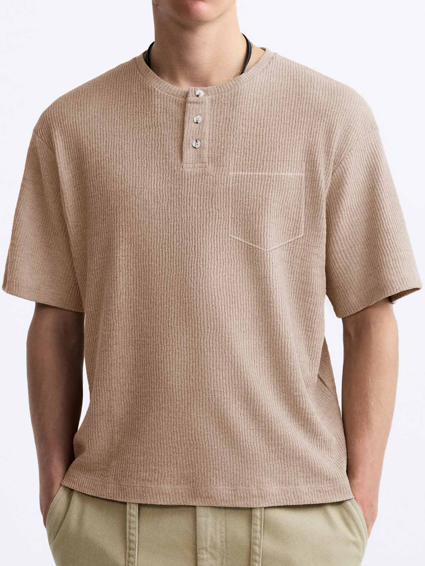 Men's Comfort Basics Striped Fabric Pocket Crew Neck Henley