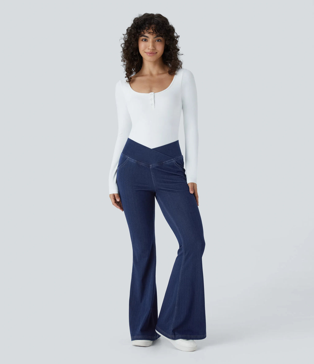 ⚡High Waisted Crossover Pocket Washed Stretchy Knit Casual Super Flare Jeans⚡