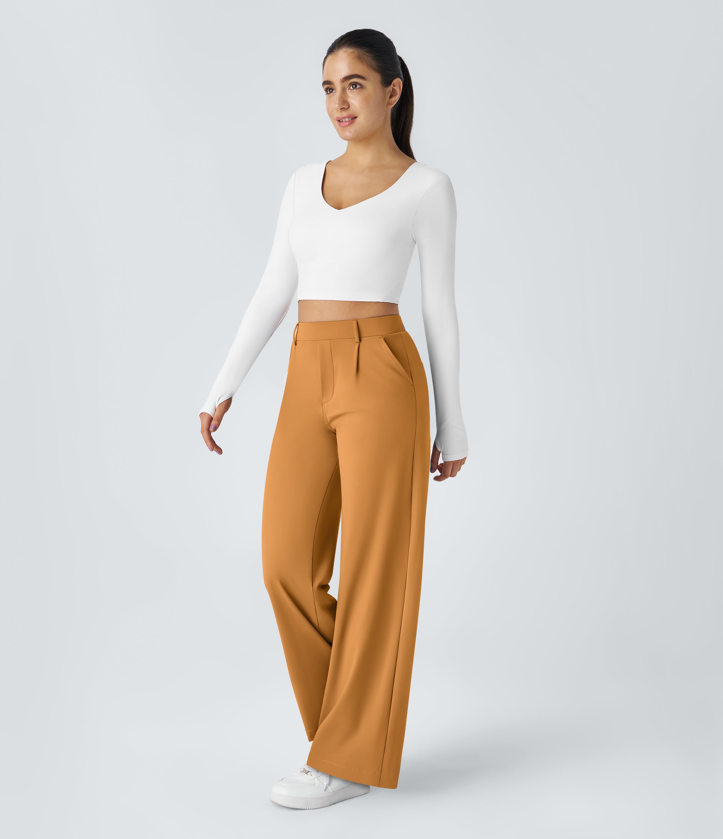 Factory Outlet - High Waisted Side Pocket Straight Leg Work Suit Pants