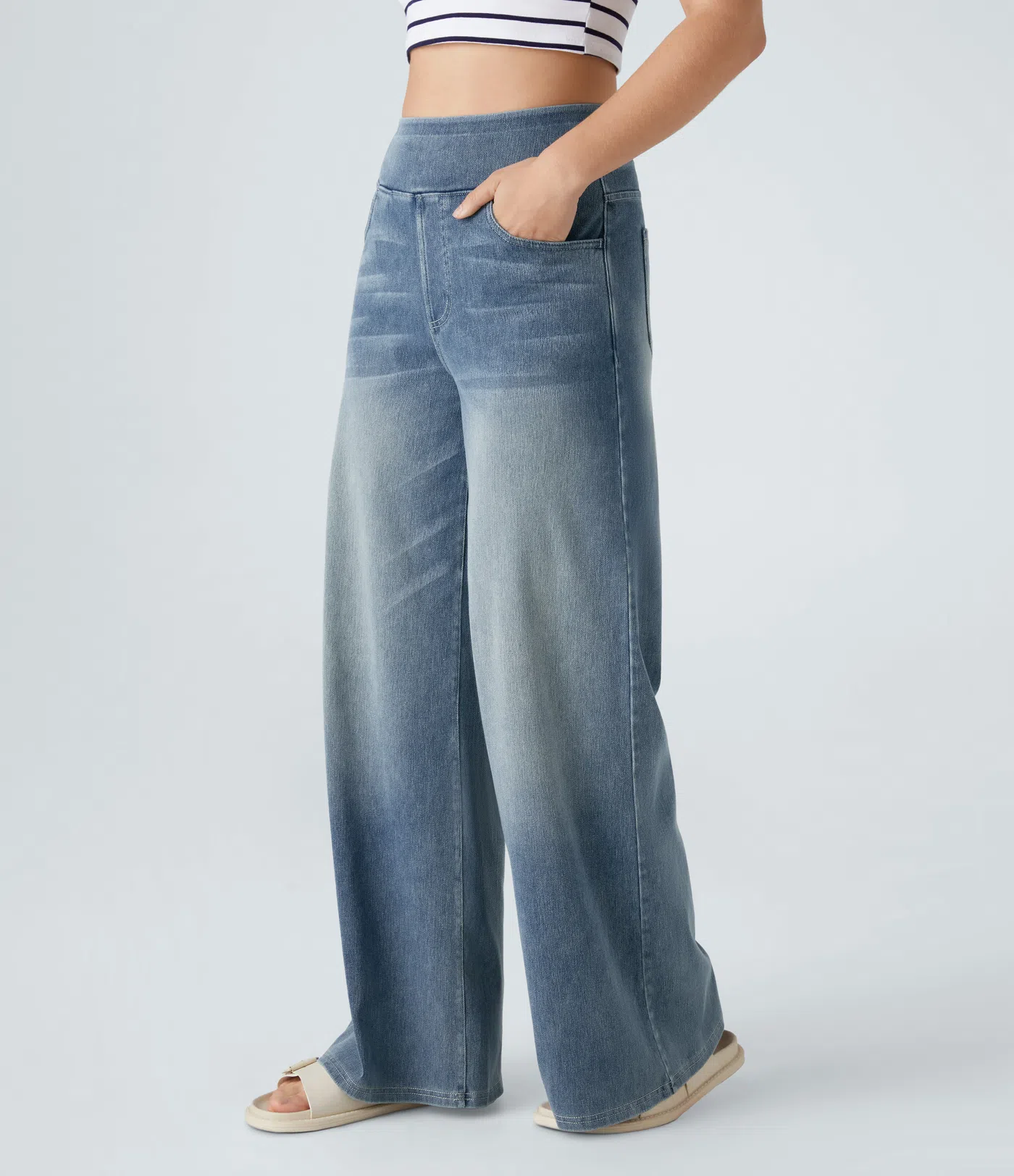 FINAL SALE⚡High Waisted Multiple Pockets Baggy Wide Leg Washed Stretchy Knit Casual Jeans