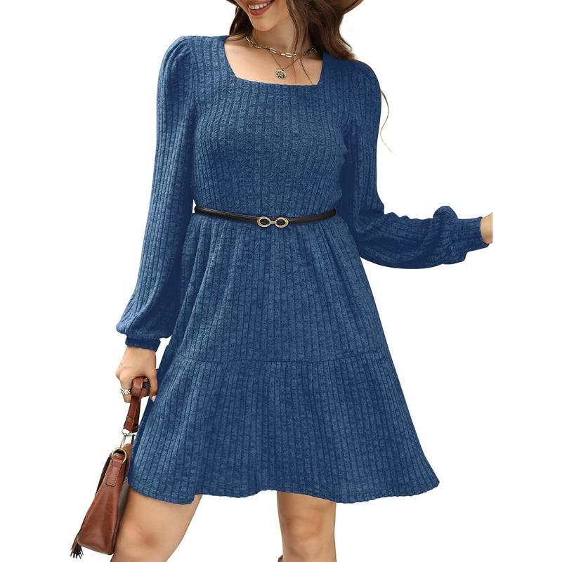 🔥Womens Square Neck Long Sleeve Fall Dresses Casual Babydoll Sweater Dress
