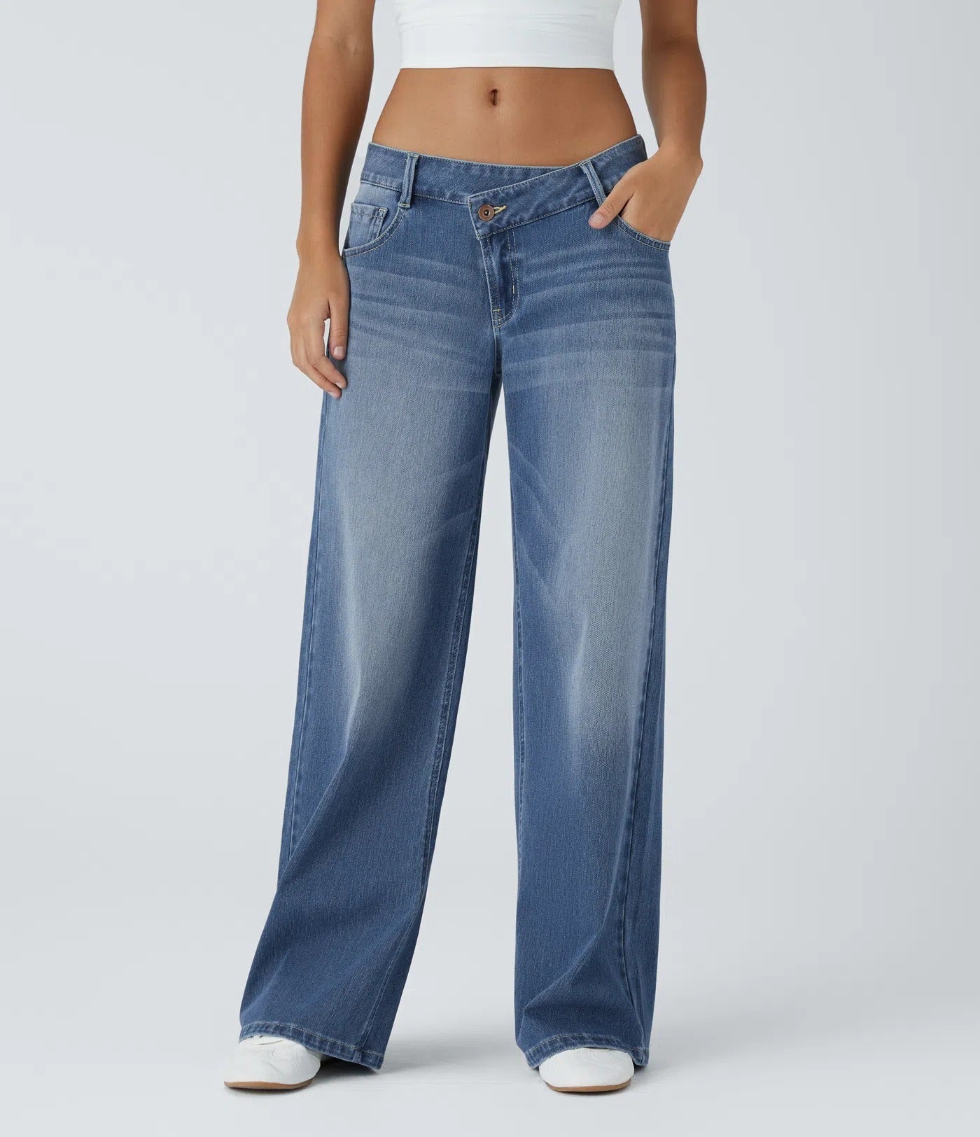 Asymmetric Low Rise Zipper Pockets Baggy Wide Leg Washed Casual Jeans