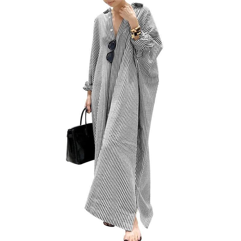 Women's Casual Long Sleeve Button Down Loose Striped Cotton Maxi Shirt Dress