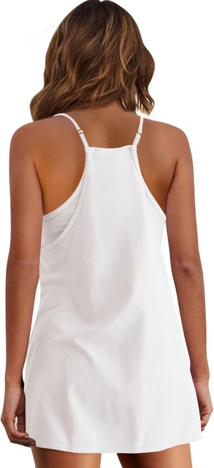 Womens Summer Sleeveless Mini Dress V Neck Spaghetti Strap Sundress Athletic Short Dress with Pockets