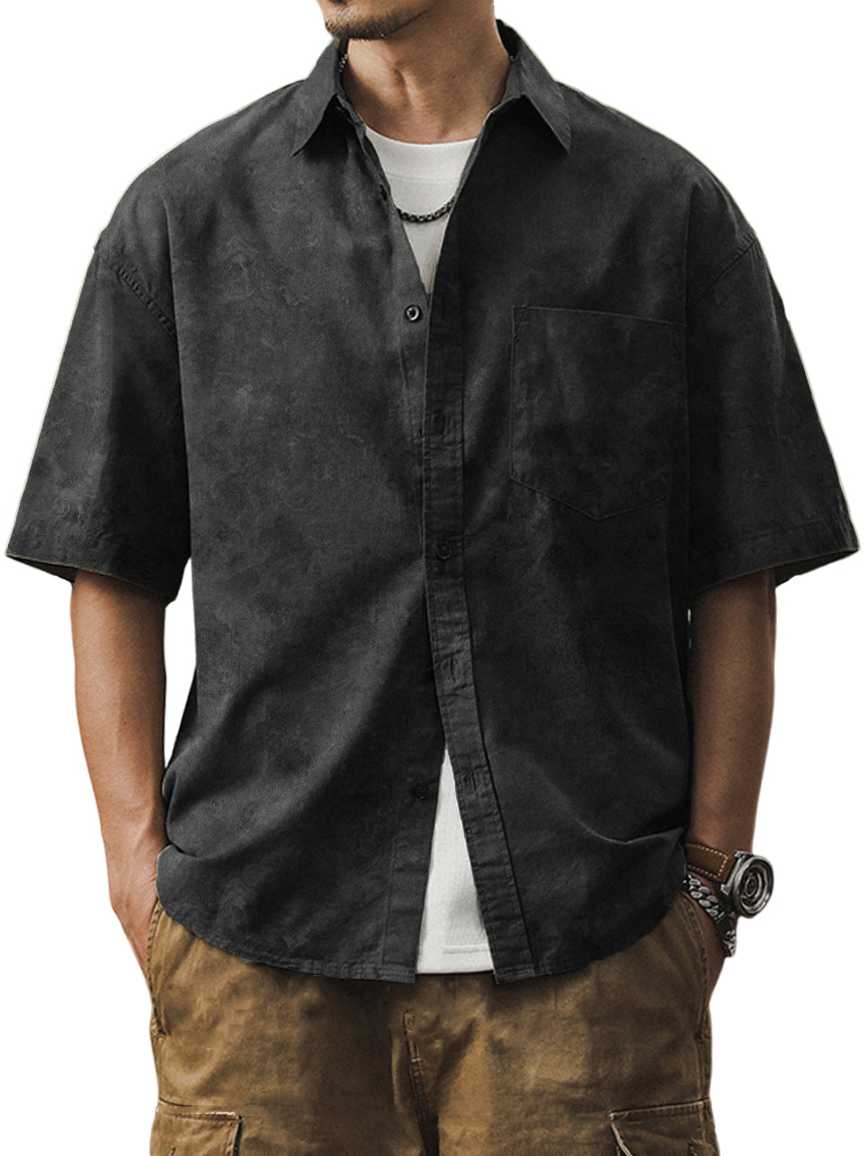 Men's Casual Distressed Printed Pocket Short Sleeve Shirt