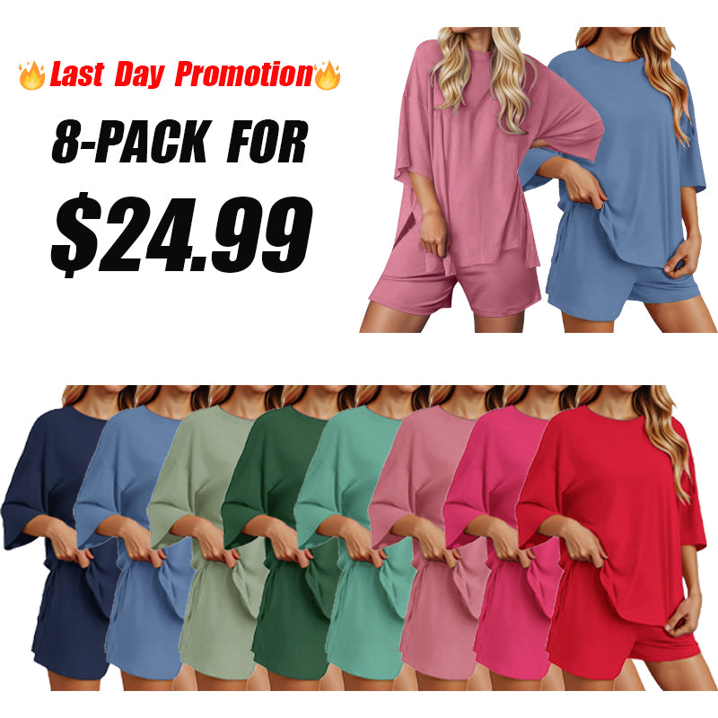 Women's Two Piece Lounge Set 2025 Summer Casual Oversized Shirts Biker Shorts Matching Airport Travel Outfit Split Hem