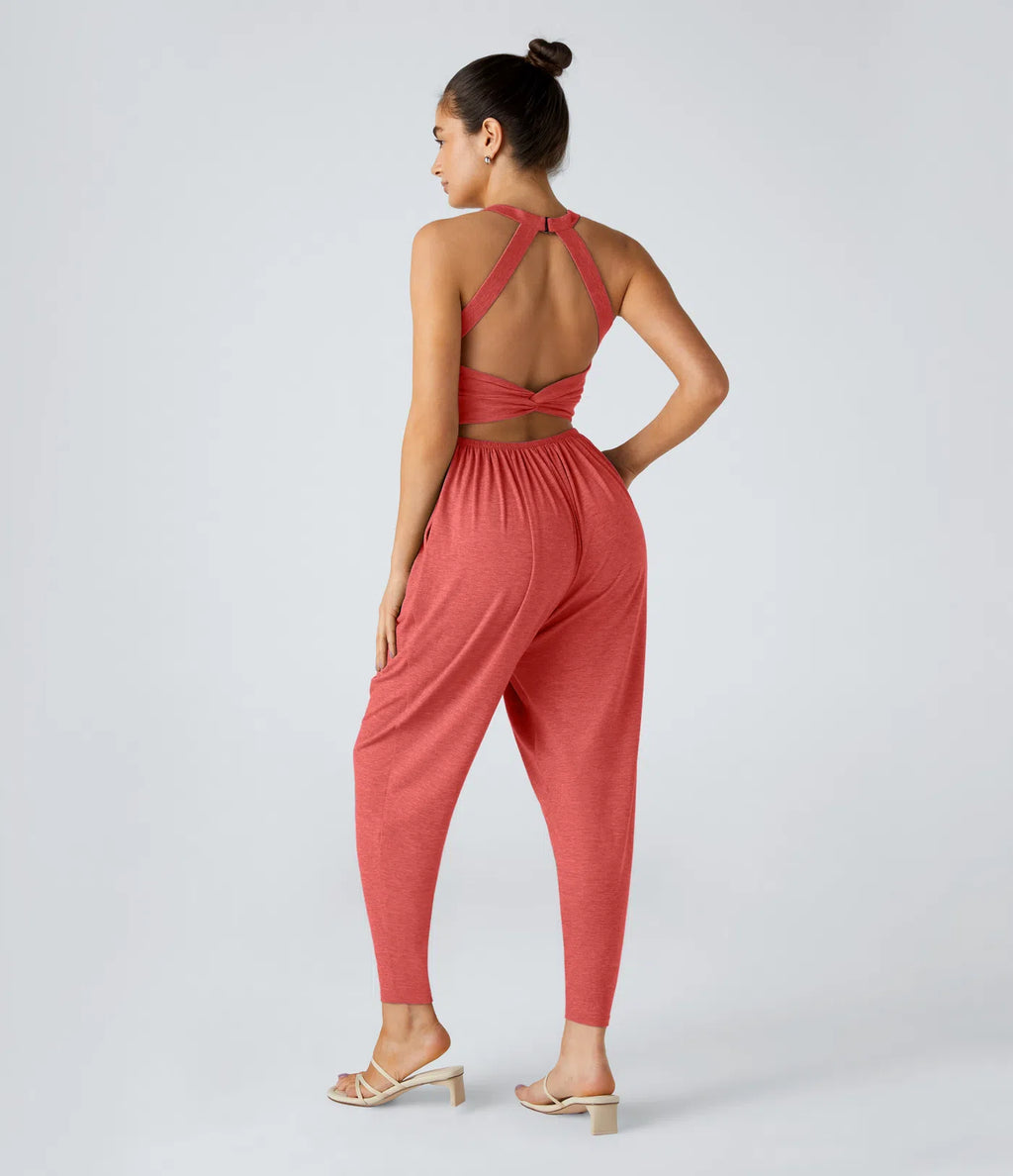 💝Last day promotion-⏰Backless Twisted U Neck Side Pocket Harem Casual Jumpsuit-Easy Peezy Edition