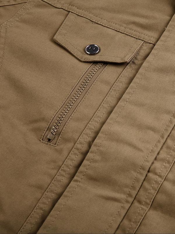 🔥October Hot Sale 🔥Men's Regular Fit Solid Pocket Zipper Jacket, Casual Long Sleeve Stand Collar Outerwear for Fall & Winter