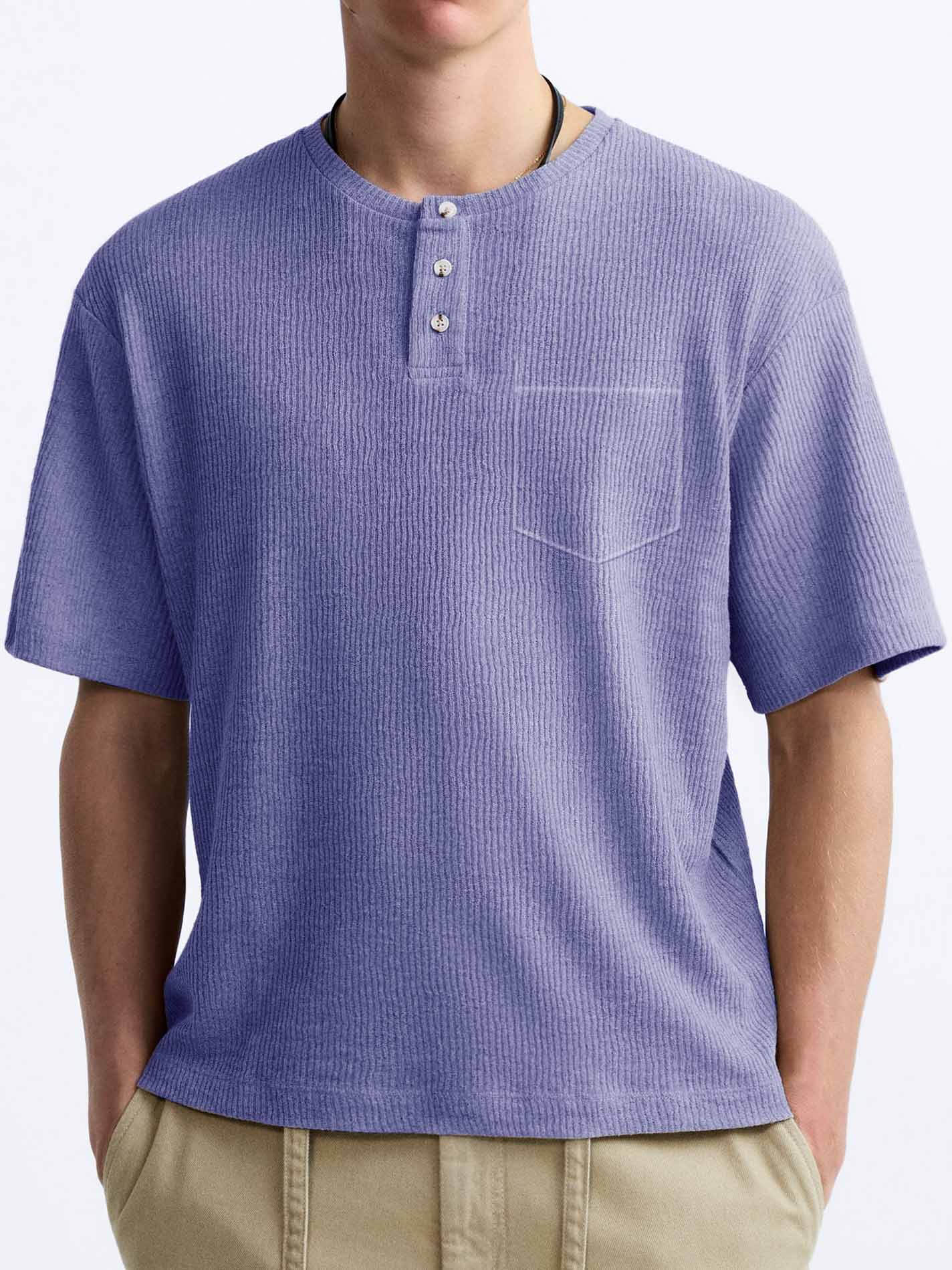 Men's Comfort Basics Striped Fabric Pocket Crew Neck Henley