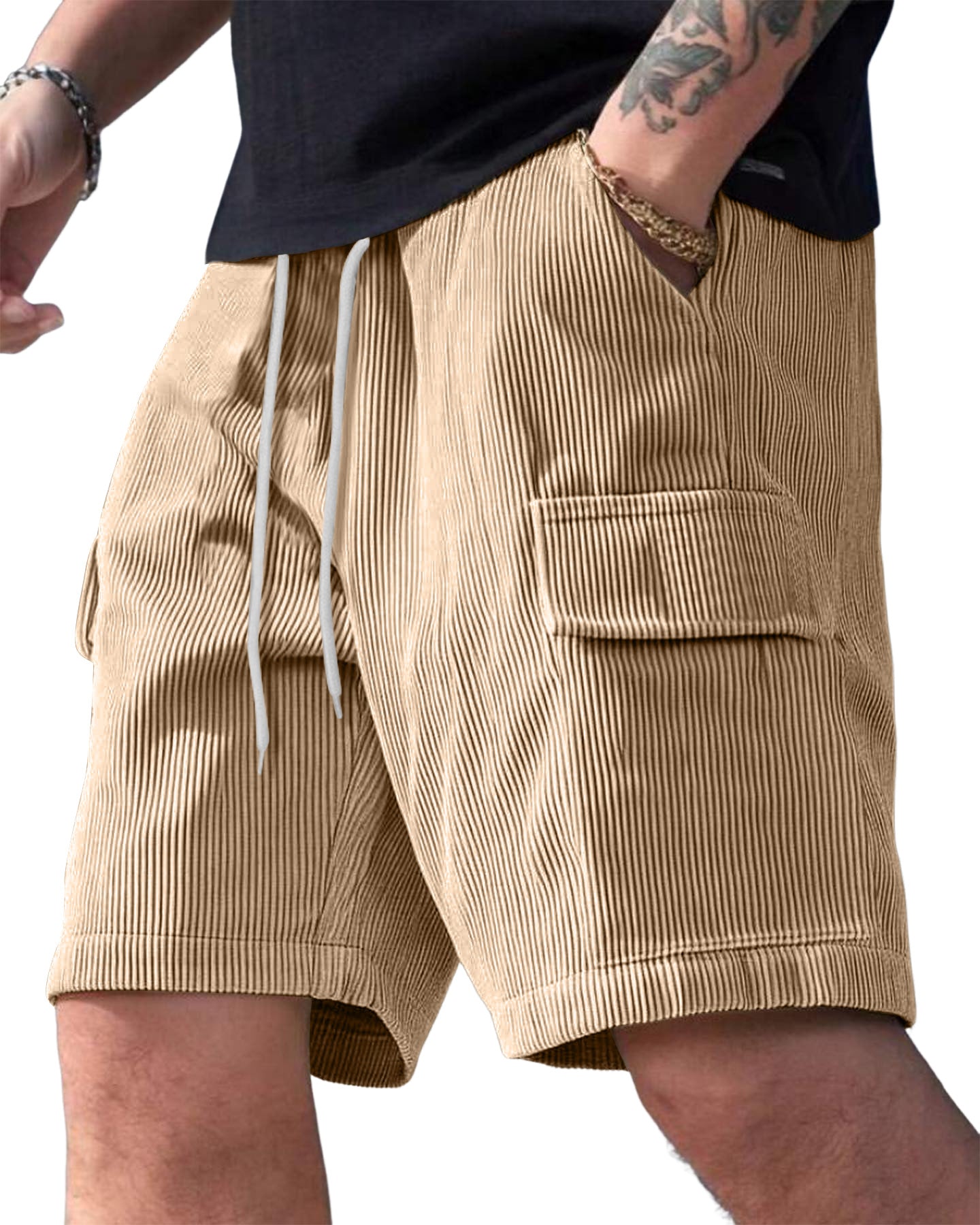 Men's Corduroy Multi-Pocket Summer Elastic Waist Casual Shorts