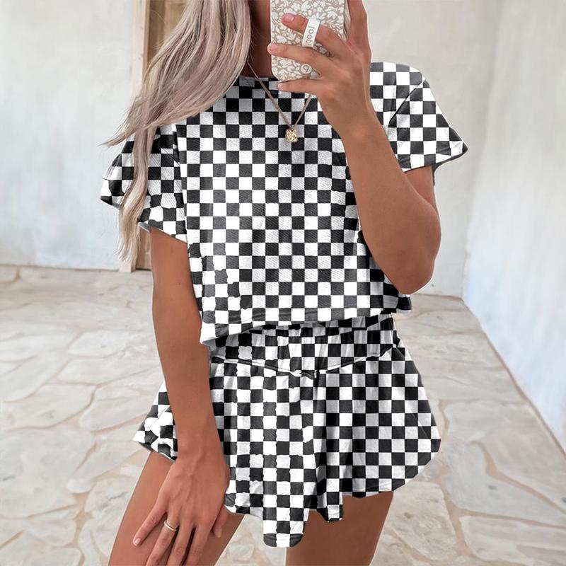 Women‘s Two Piece Set Checkerboard T Shirt and Ruffle High Waist Skort Set 2025 Summer Casual Sets for Daily Wear