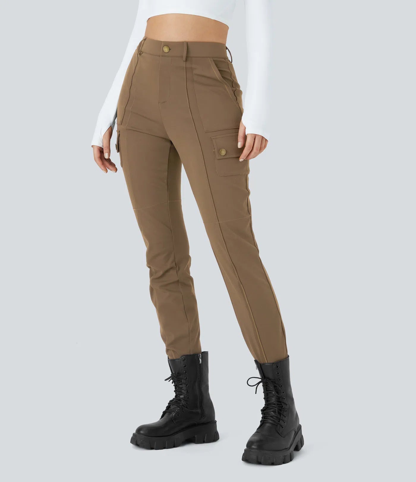 ⏰Huge Spring Discount! High Waisted Button Zipper Multiple Pockets Solid Skinny Cargo Pants