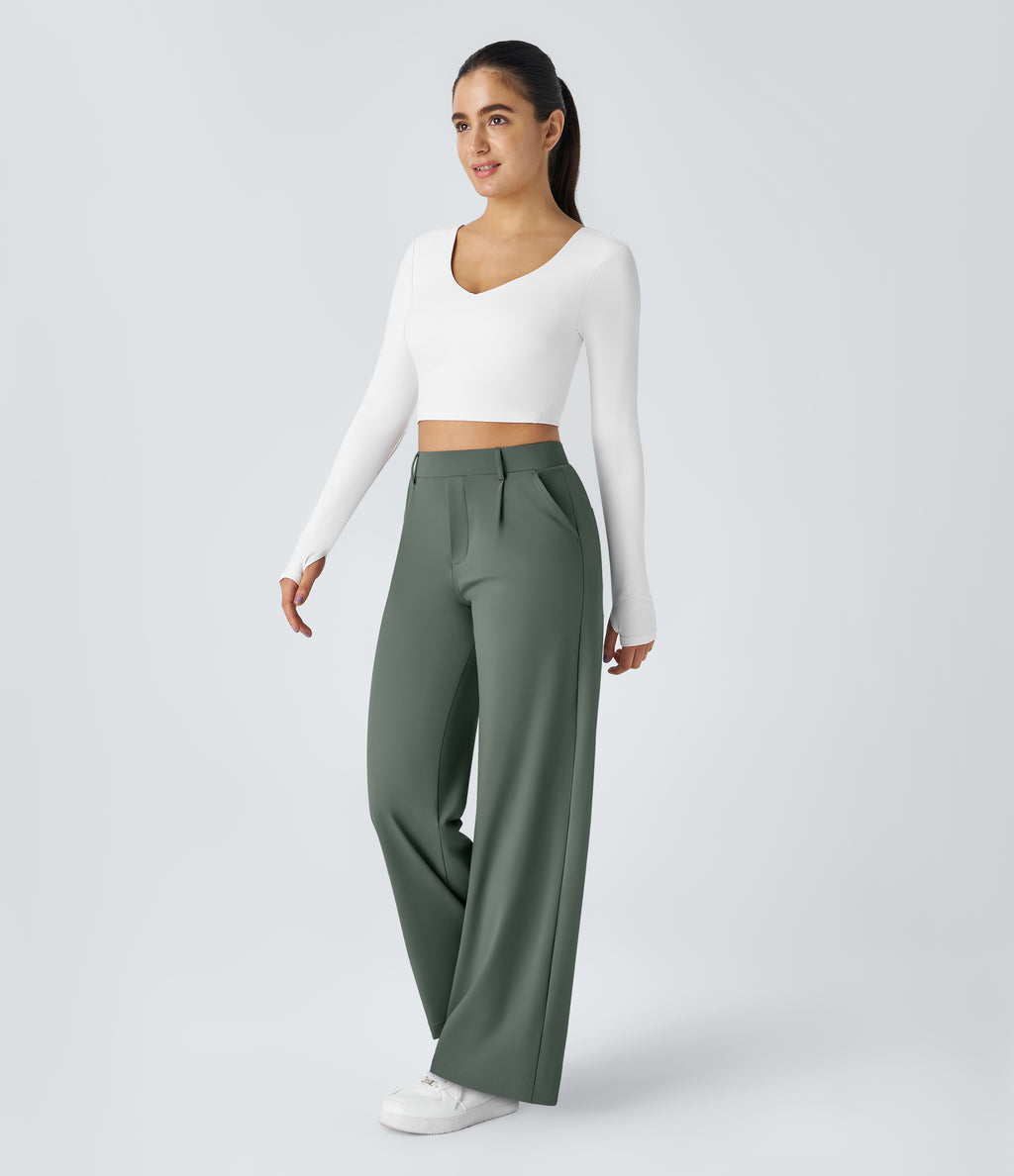 Factory Outlet - High Waisted Side Pocket Straight Leg Work Suit Pants