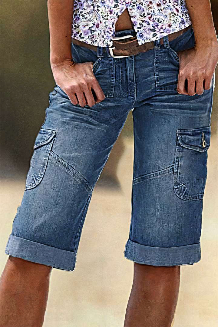 Flap Pocket Roll Hem Denim Bermuda Shorts Without Belt