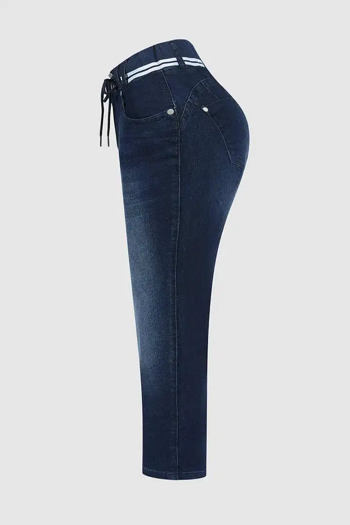 🔥Flash Sale⚡Wash Contrast Binding Double Button Drawstring Mid Waist Capri Jeans