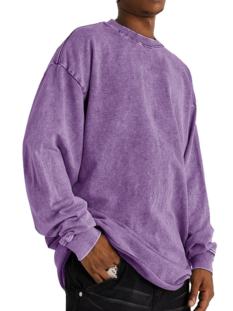 Men's Fashion Vintage Washed Cotton Round Neck Long Sleeve T-Shirt