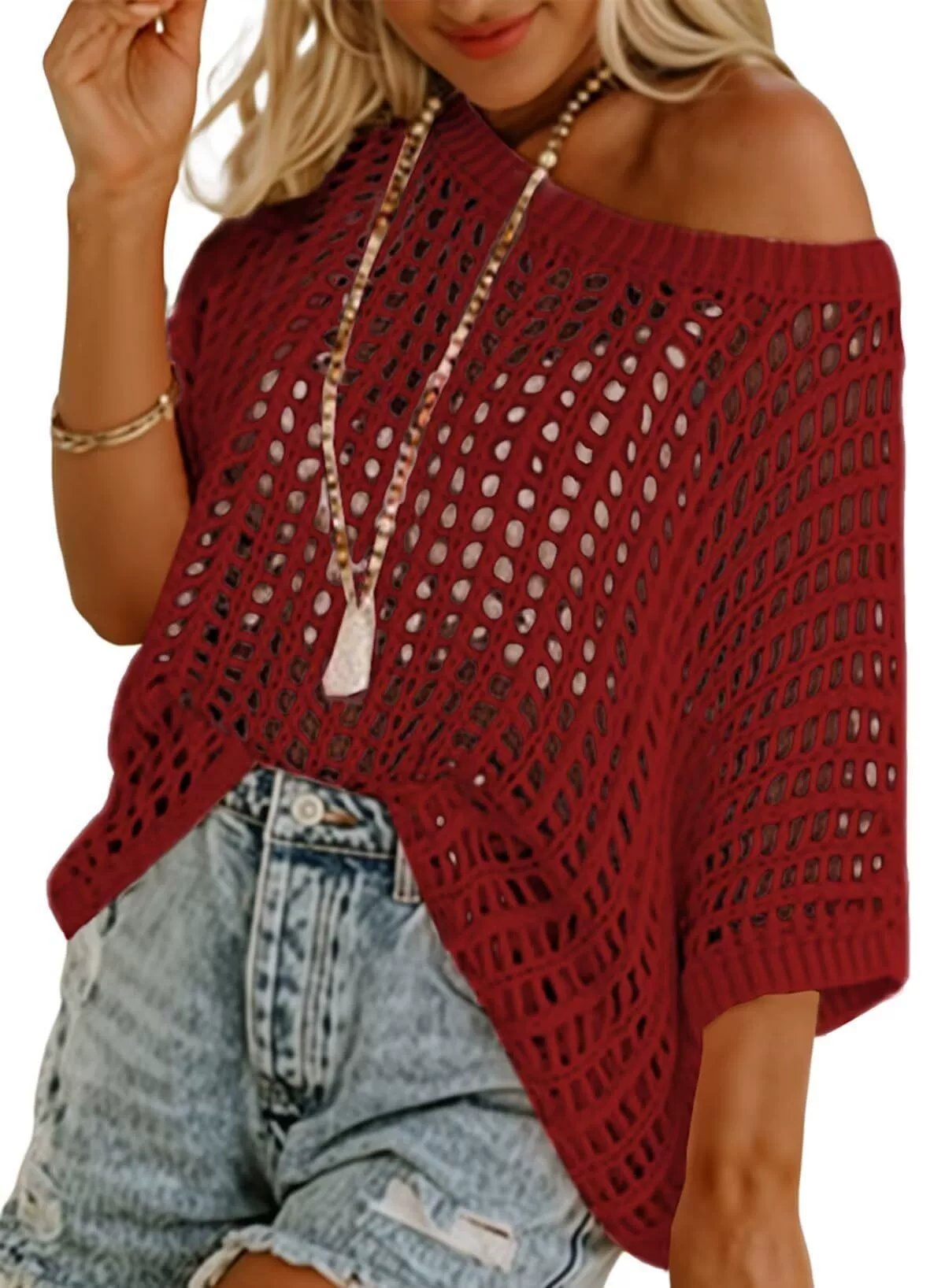 🎁 Womens Summer Scoop Neck ShortSleeve Sweater Casual Crochet Hollow Out KnitTops
