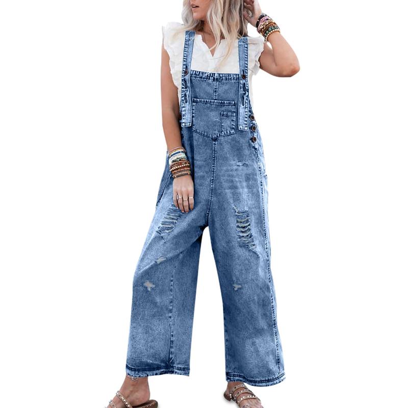 Women's Denim Overalls Casual Jumpsuits Loose Fit Adjustable Strap Distressed Bib Jeans Overall Jumpsuits