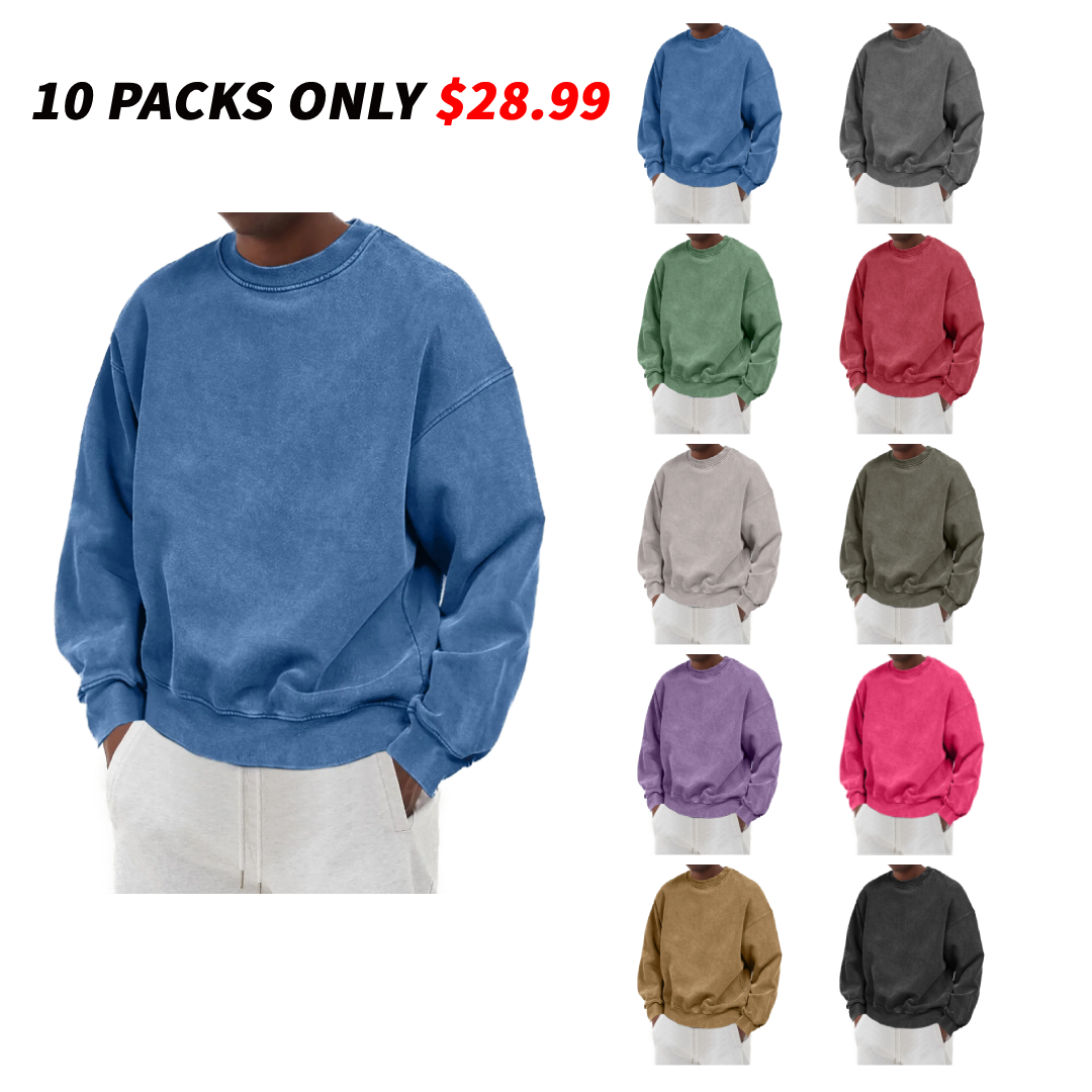 Men's Distressed Washed Cotton Round Neck Long-sleeved Sweatshirts