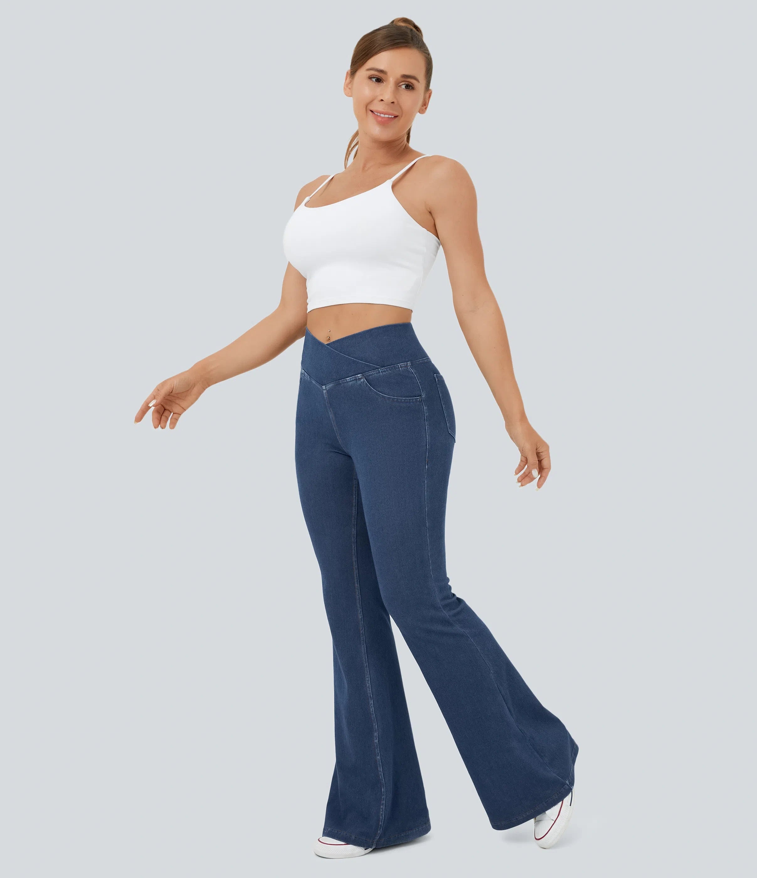 ⚡High Waisted Crossover Pocket Washed Stretchy Knit Casual Super Flare Jeans⚡