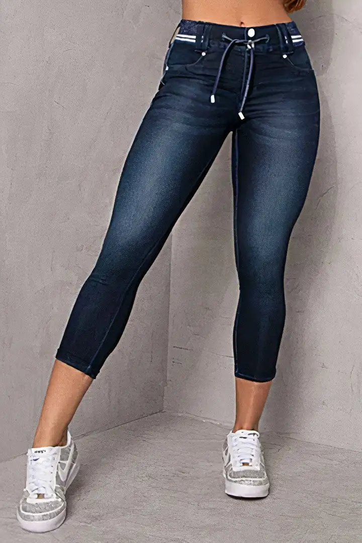 🔥Flash Sale⚡Wash Contrast Binding Double Button Drawstring Mid Waist Capri Jeans