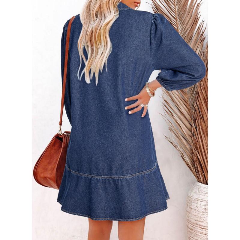 Denim Dress for Women Fashion Fall Casual Babydoll 2025 V Neck 3/4 Puff Sleeve Jean Dresses