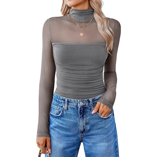 💝Autumn Specials💝Women's Long Sleeve Tights Turtleneck Shapewear Bodysuit Mesh Bodysuit Shirt