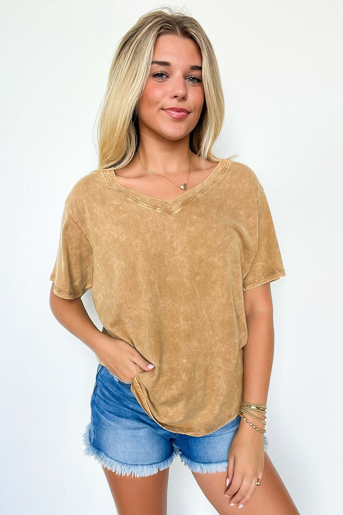 Soliel Acid Wash V-Neck Relaxed Fit Top - BACK IN STOCK