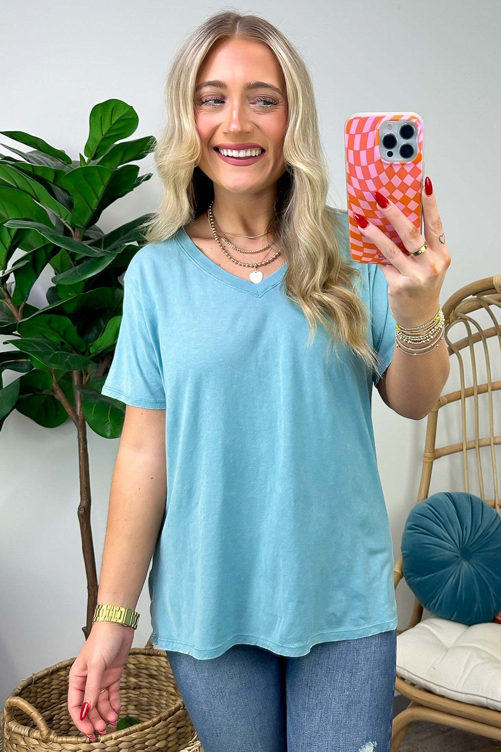 Soliel Acid Wash V-Neck Relaxed Fit Top - BACK IN STOCK