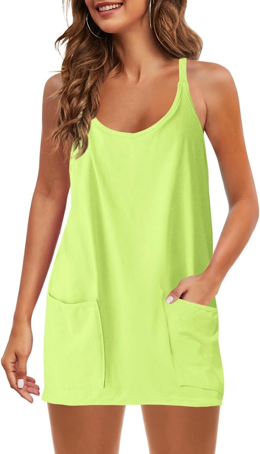 Special Sale🩷Womens Summer Sleeveless Mini Dress V Neck Spaghetti Strap Sundress Athletic Short Dress with Pockets-Easy Peezy