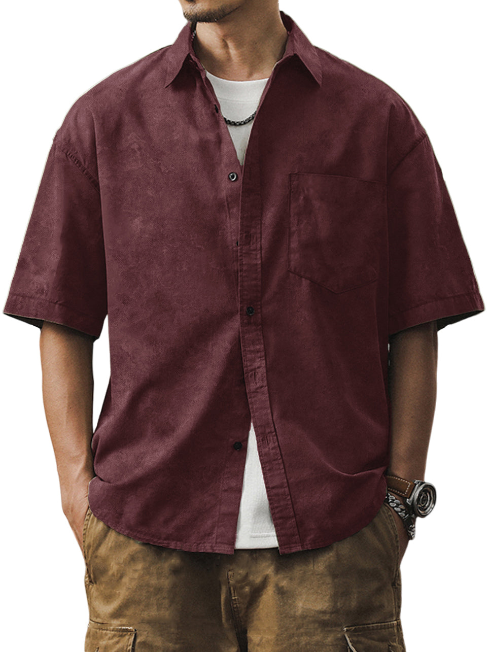 Men's Casual Distressed Printed Pocket Short Sleeve Shirt