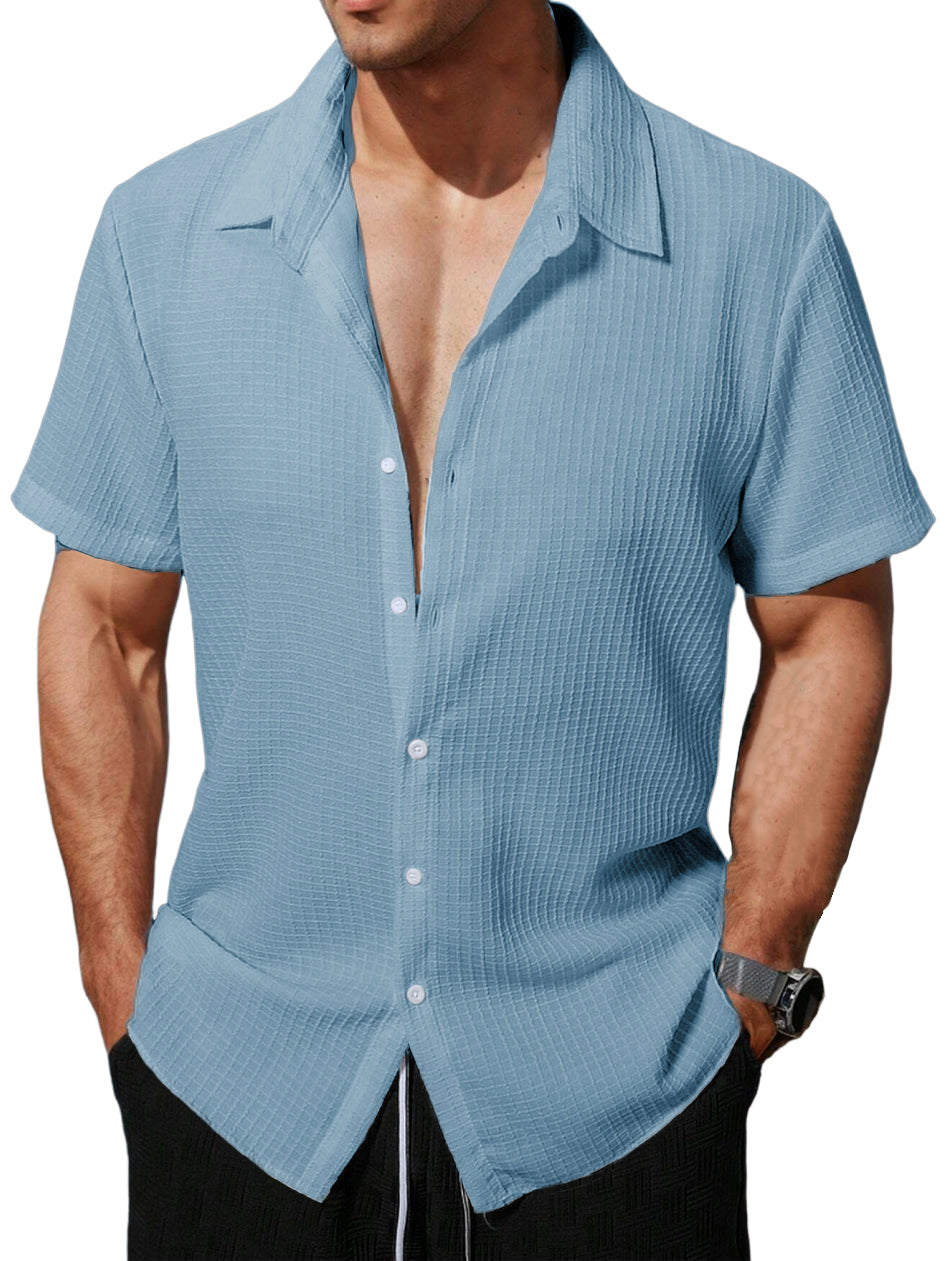 Men's Hawaiian Lapel Waffle Short Sleeve Shirt