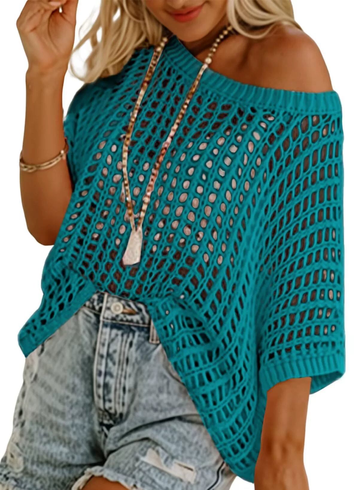 🎁 Womens Summer Scoop Neck ShortSleeve Sweater Casual Crochet Hollow Out KnitTops