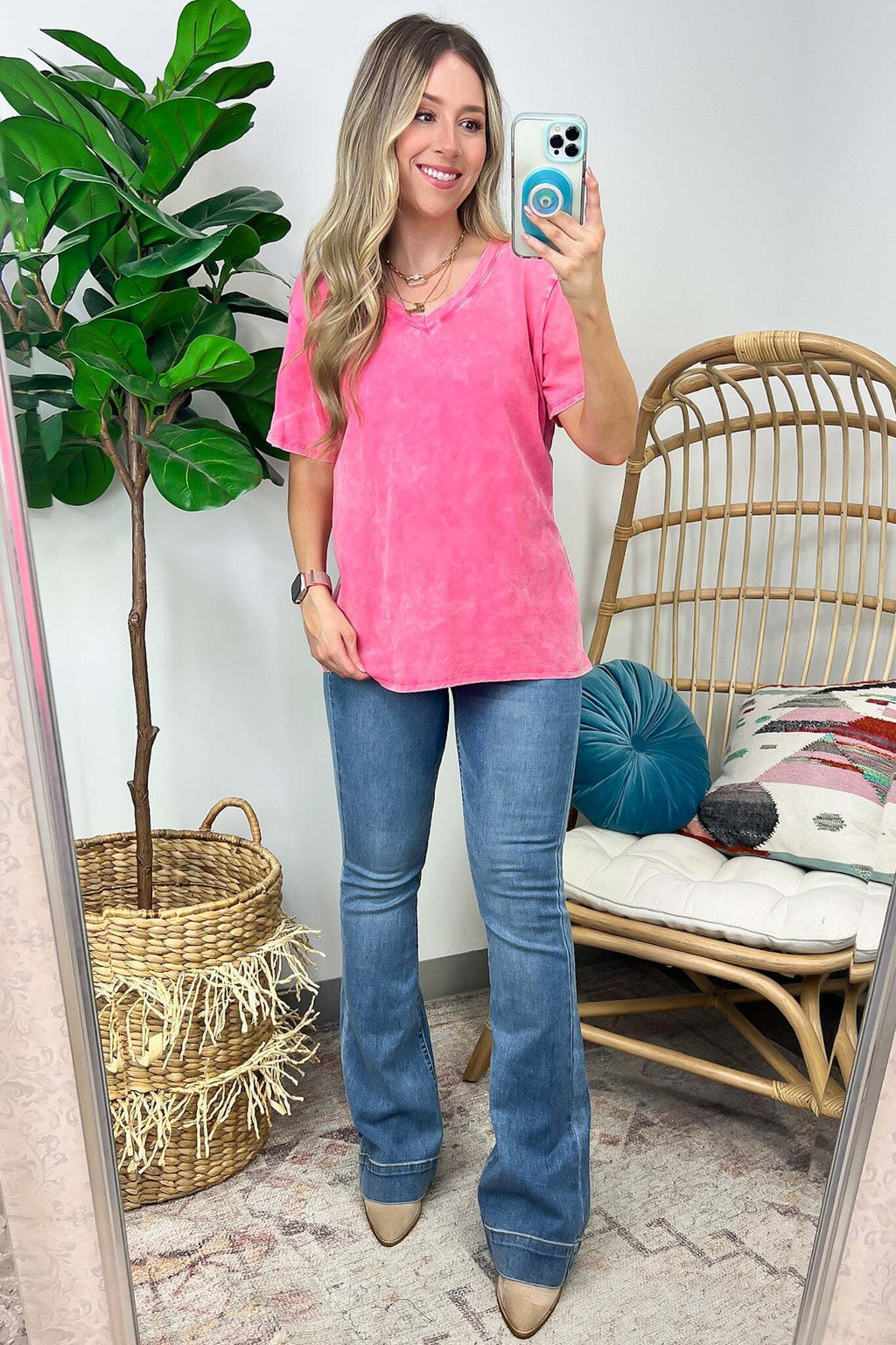 Soliel Acid Wash V-Neck Relaxed Fit Top - BACK IN STOCK
