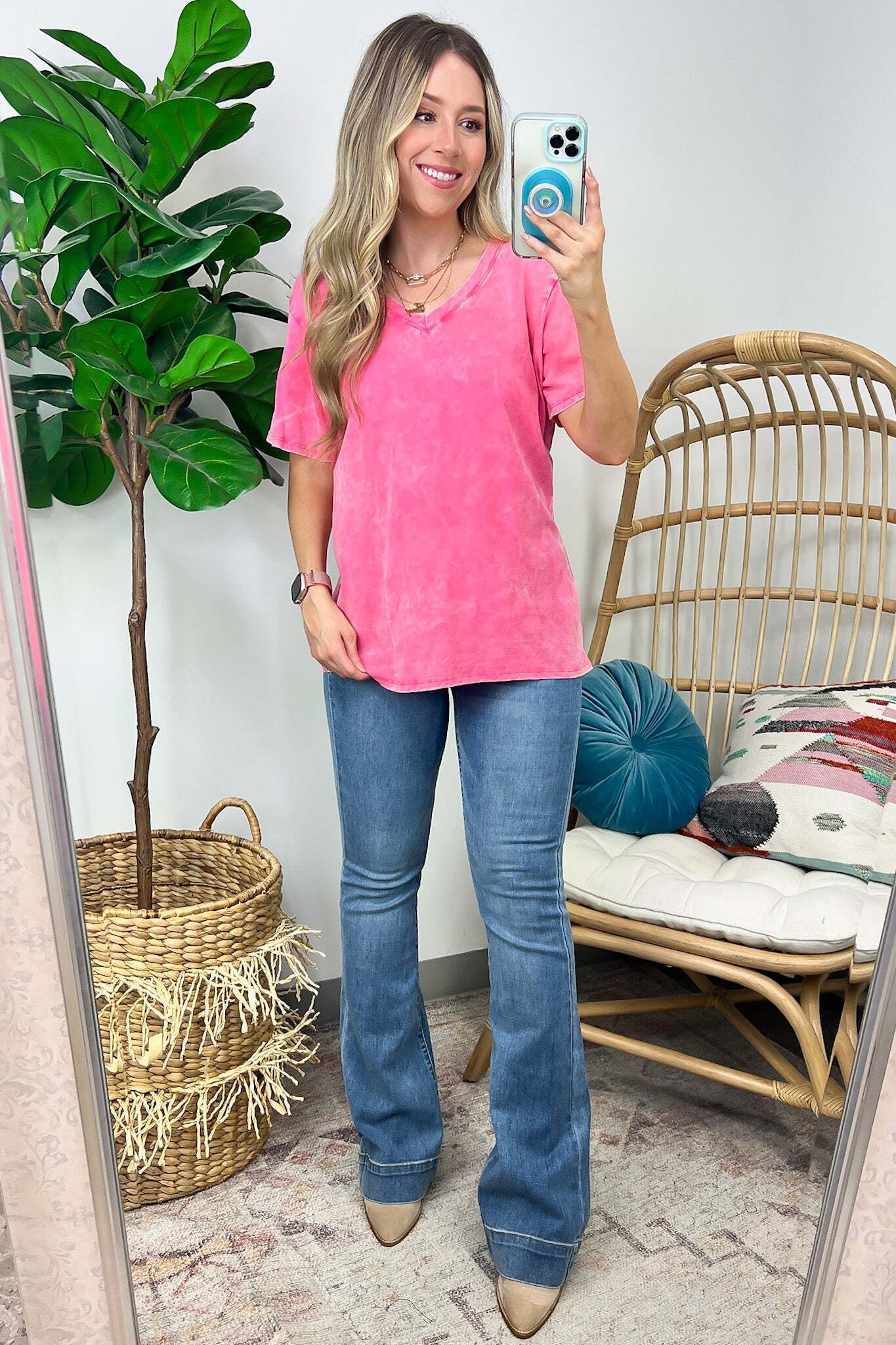 Soliel Acid Wash V-Neck Relaxed Fit Top - BACK IN STOCK