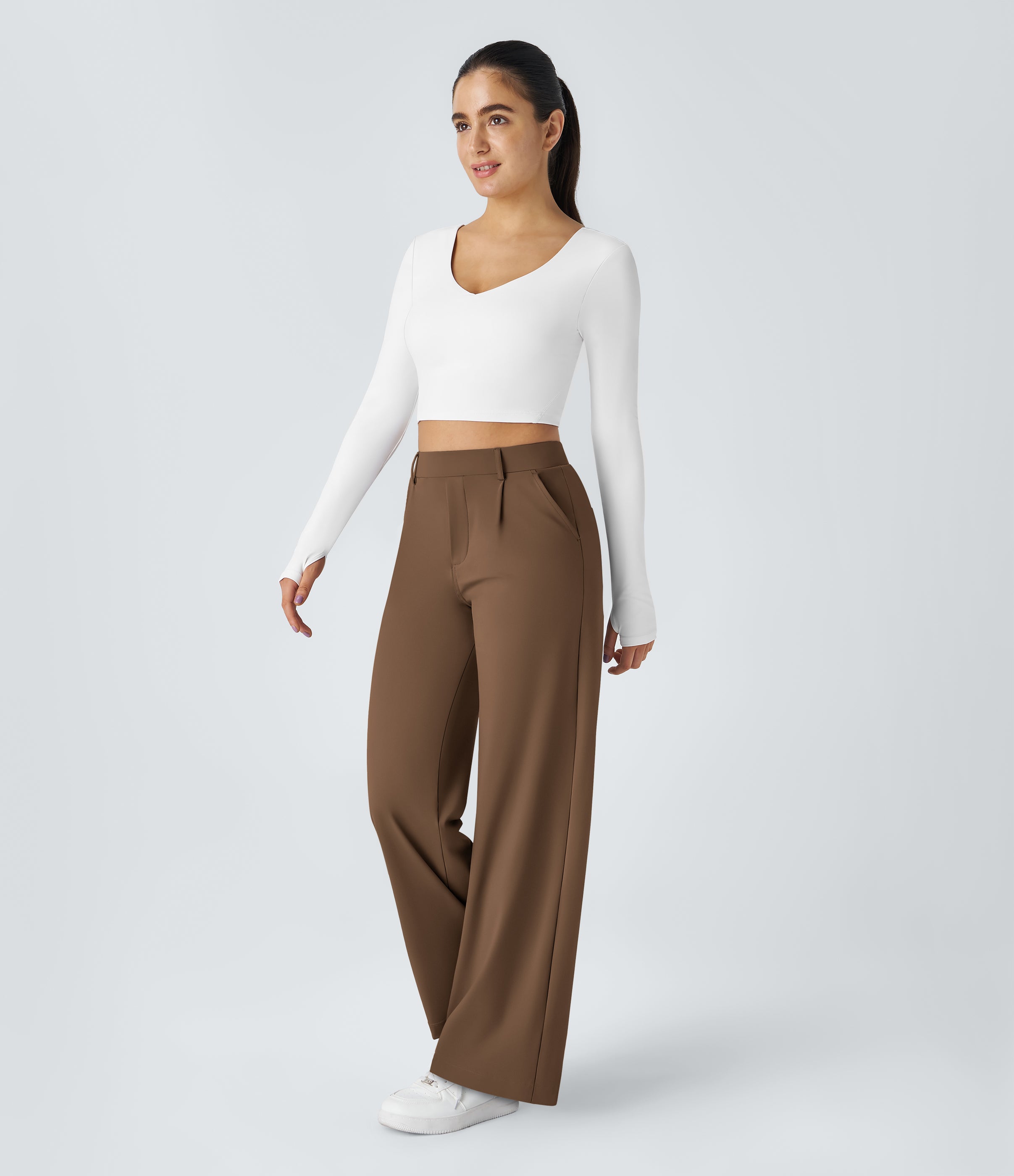 Factory Outlet - High Waisted Side Pocket Straight Leg Work Suit Pants
