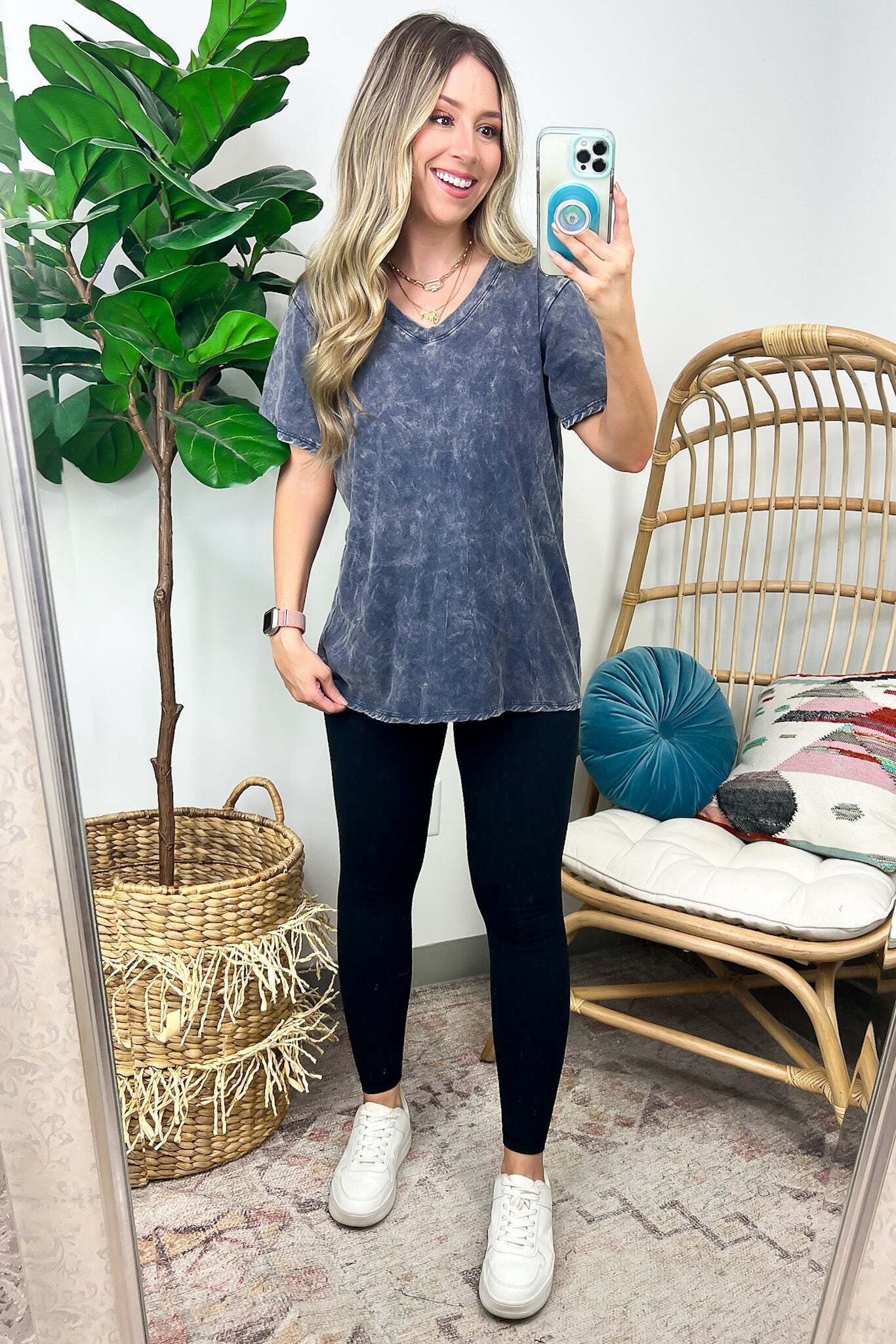 Soliel Acid Wash V-Neck Relaxed Fit Top - BACK IN STOCK