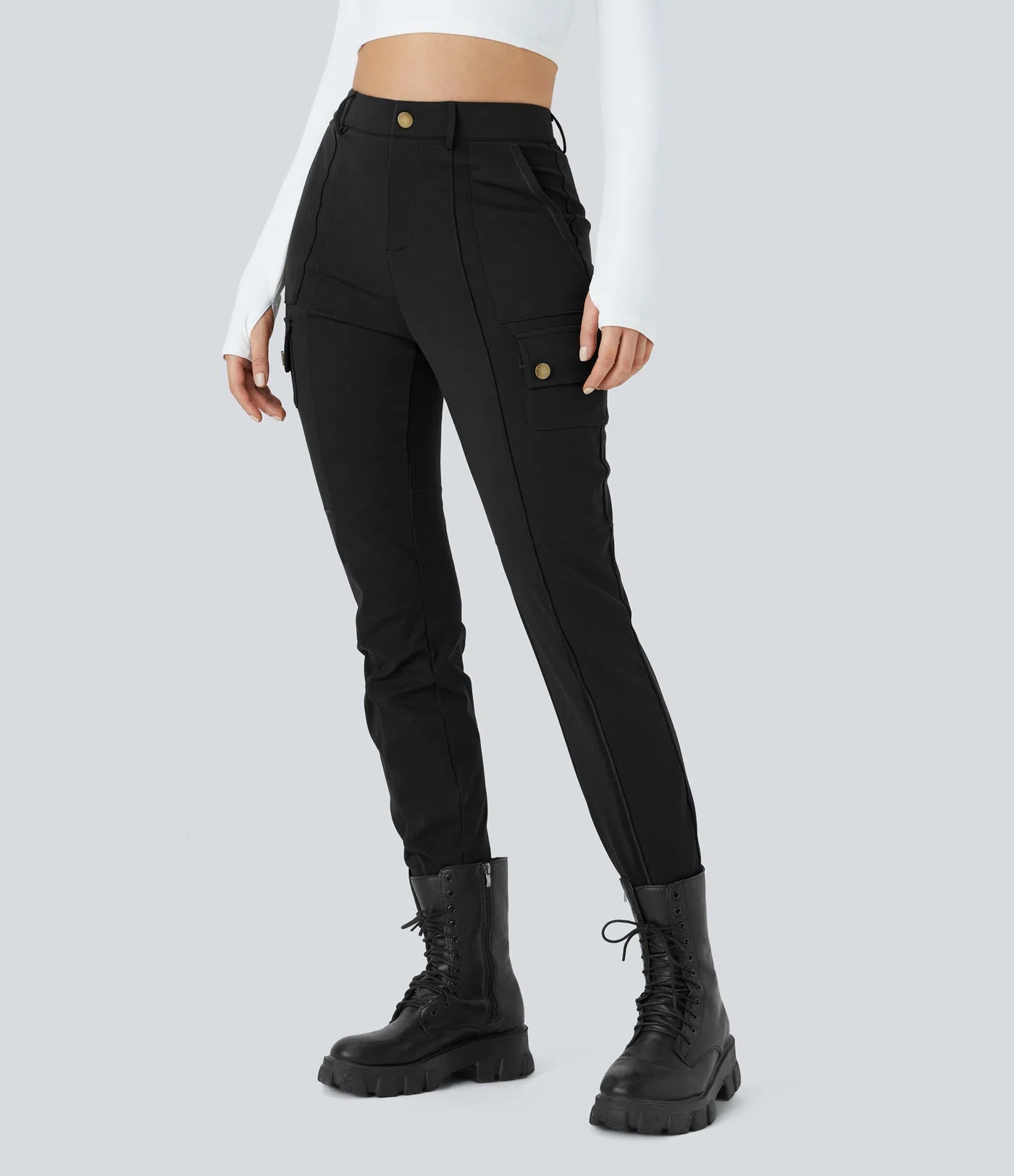 ⏰Huge Spring Discount! High Waisted Button Zipper Multiple Pockets Solid Skinny Cargo Pants