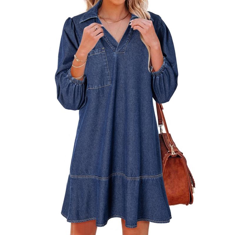Denim Dress for Women Fashion Fall Casual Babydoll 2025 V Neck 3/4 Puff Sleeve Jean Dresses