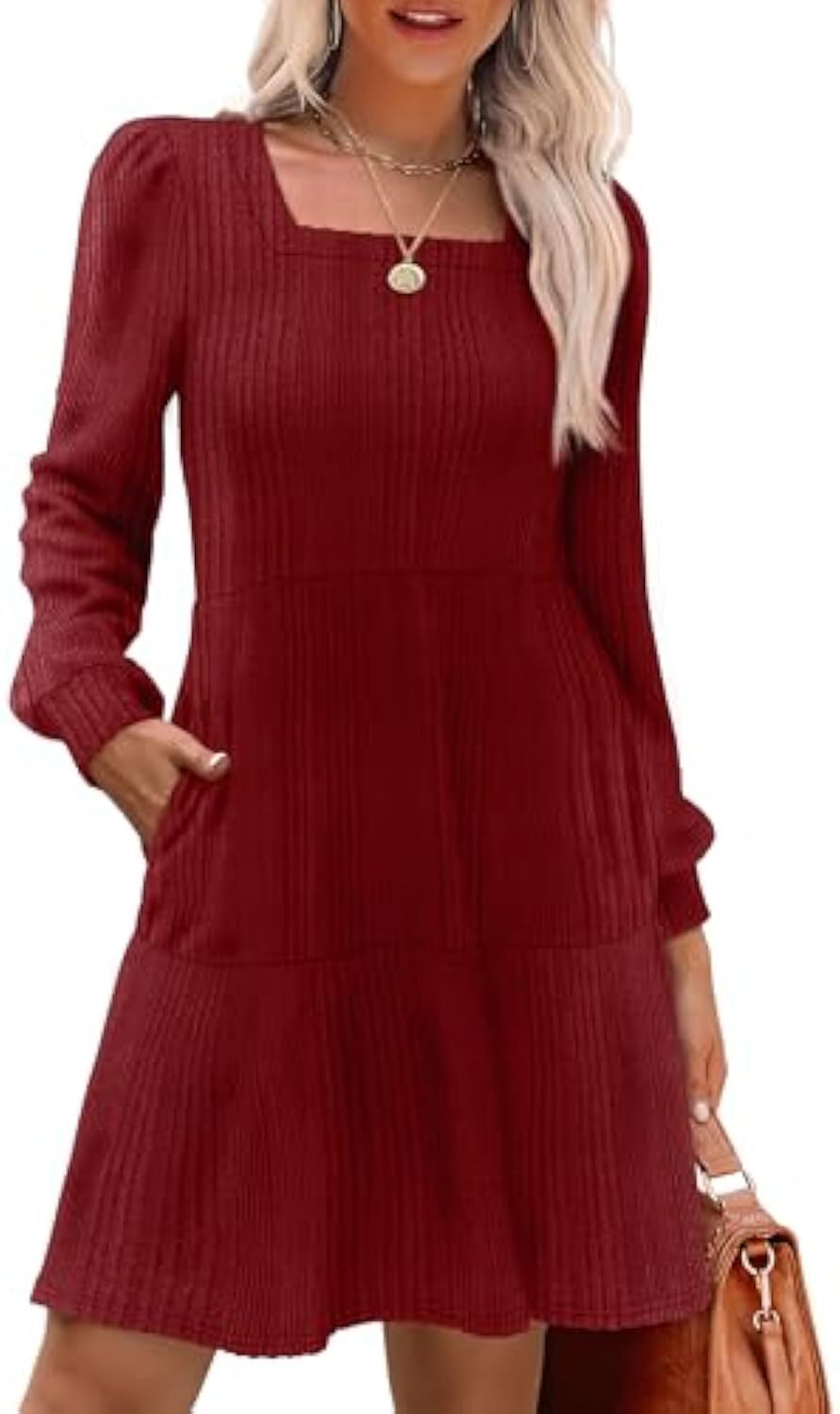 🔥Womens Square Neck Long Sleeve Fall Dresses Casual Babydoll Sweater Dress