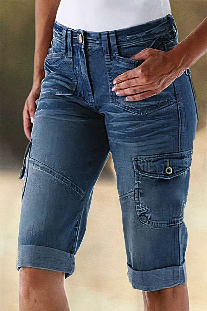 Flap Pocket Roll Hem Denim Bermuda Shorts Without Belt