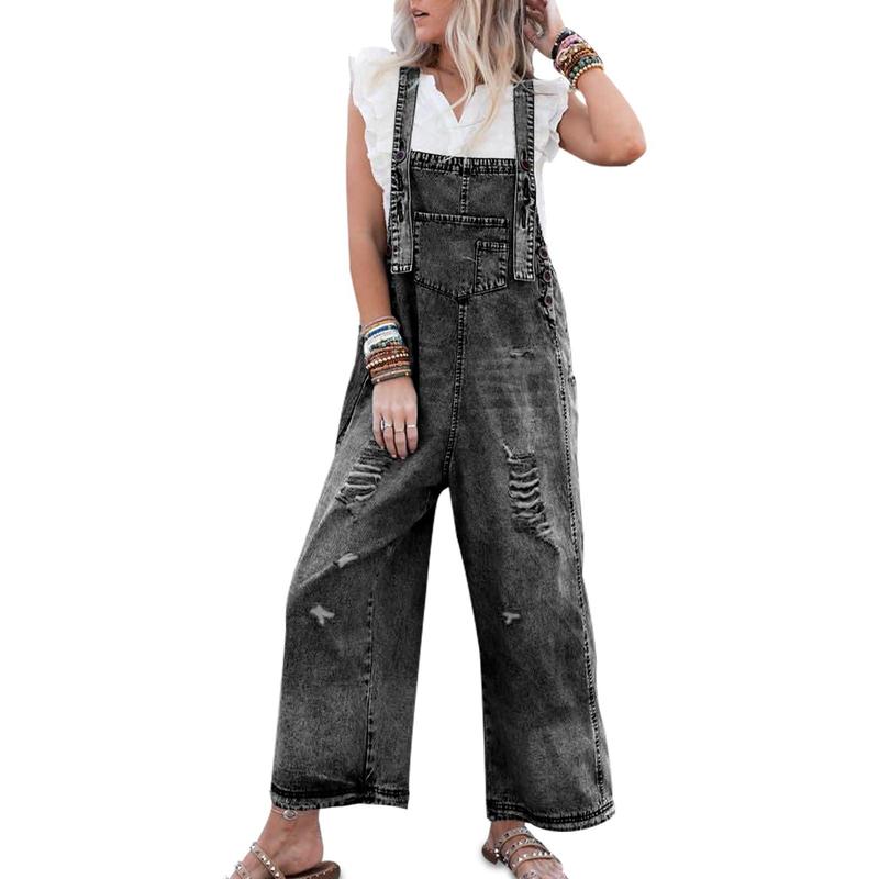 Women's Denim Overalls Casual Jumpsuits Loose Fit Adjustable Strap Distressed Bib Jeans Overall Jumpsuits