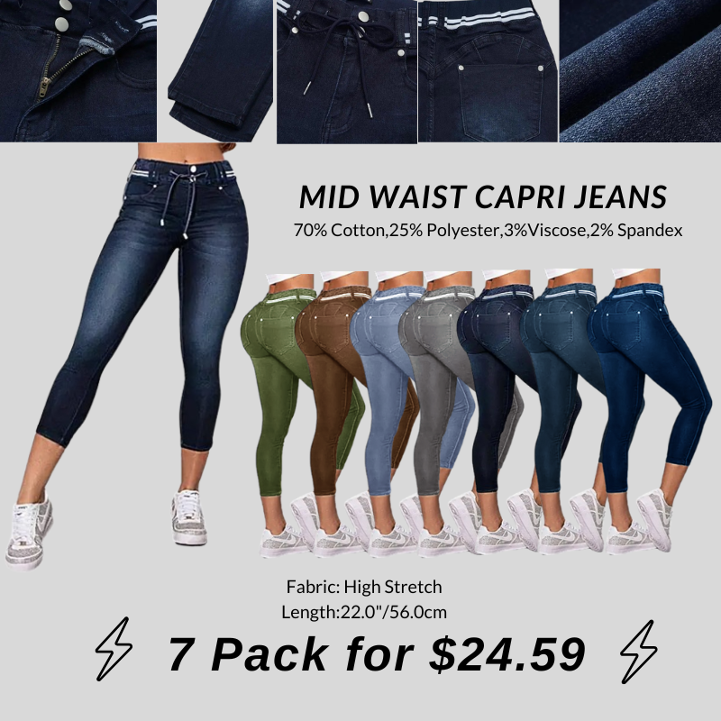 🔥Flash Sale⚡Wash Contrast Binding Double Button Drawstring Mid Waist Capri Jeans