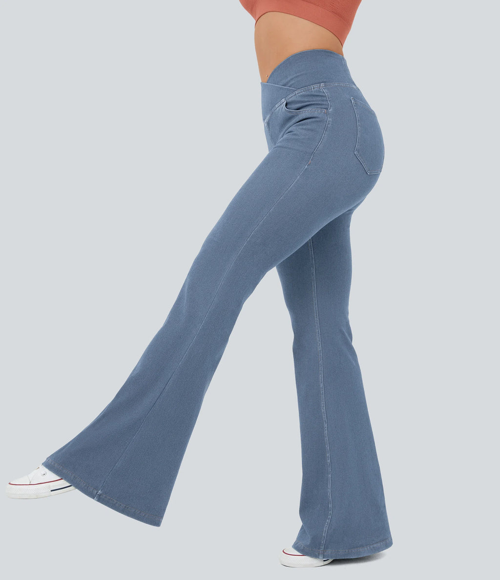 ⚡High Waisted Crossover Pocket Washed Stretchy Knit Casual Super Flare Jeans⚡