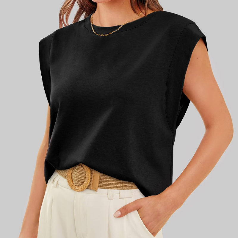 ⚡FINAL SALE⚡- Solid Color Blouse with a Crew Neck and Cap Sleeves