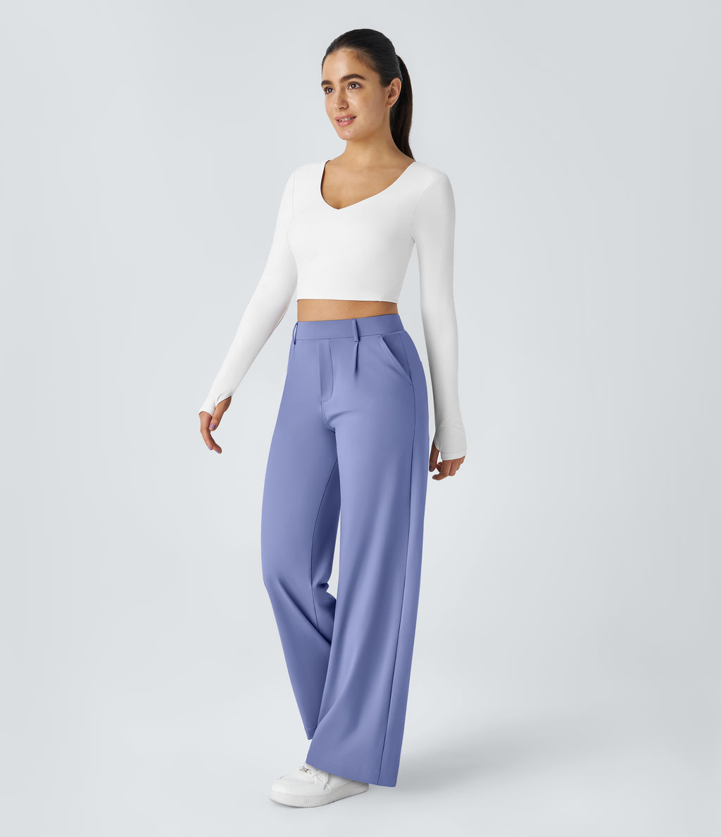 Factory Outlet - High Waisted Side Pocket Straight Leg Work Suit Pants