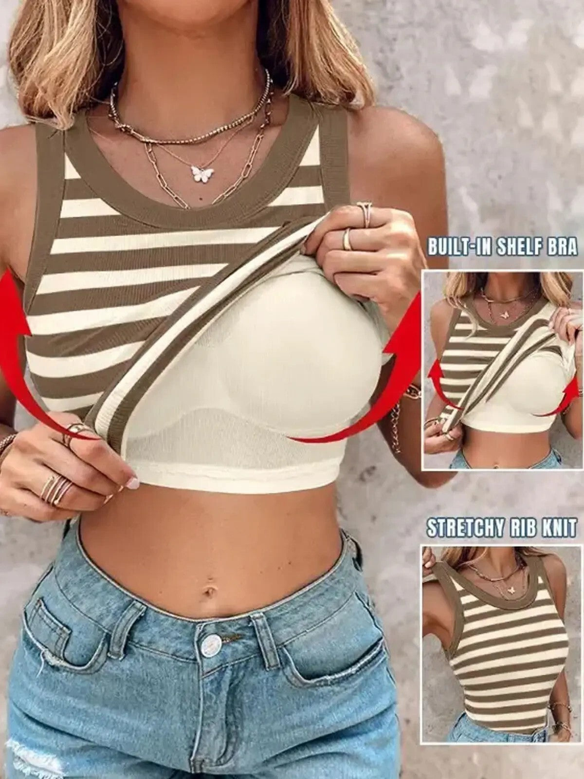 Round Neck Built-in Bra Ribbed Tank Top